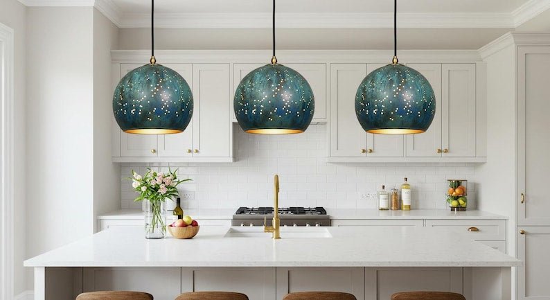 Blue Green Patina Copper Pendant Light, Handmade Moroccan Pierced Dome Chandelier, Rustic Verdigris Kitchen Island Hanging Lamp, Boho Copper Ceiling Light Fixture