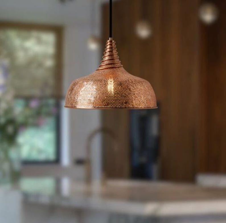 Handmade Perforated Brass Pendant Light – Moroccan Copper Dome Hanging Lamp with Ribbed Neck for Kitchen Island, Dining Room & Boho Home Décor