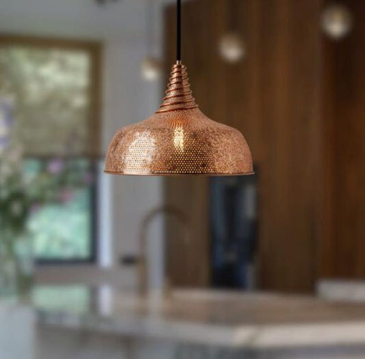 Handmade Perforated Brass Pendant Light – Moroccan Copper Dome Hanging Lamp with Ribbed Neck for Kitchen Island, Dining Room & Boho Home Décor