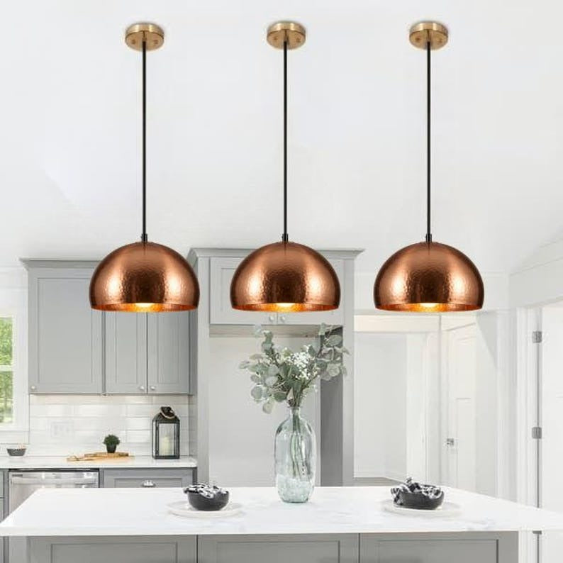 Handmade Hammered Brass Pendant Light – Moroccan Copper Dome Pendant Lamp for Kitchen Island, Dining Room & Boho Home Décor