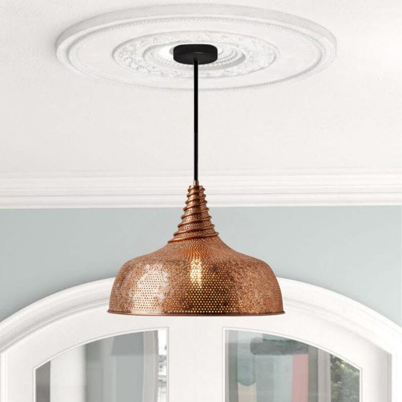 Handmade Perforated Brass Pendant Light – Moroccan Copper Dome Hanging Lamp with Ribbed Neck for Kitchen Island, Dining Room & Boho Home Décor