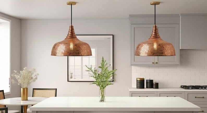 Handmade Perforated Brass Pendant Light – Moroccan Copper Dome Hanging Lamp with Ribbed Neck for Kitchen Island, Dining Room & Boho Home Décor