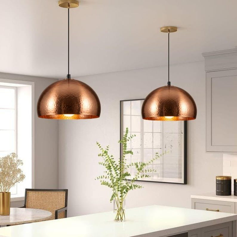 Handmade Hammered Brass Pendant Light – Moroccan Copper Dome Pendant Lamp for Kitchen Island, Dining Room & Boho Home Décor