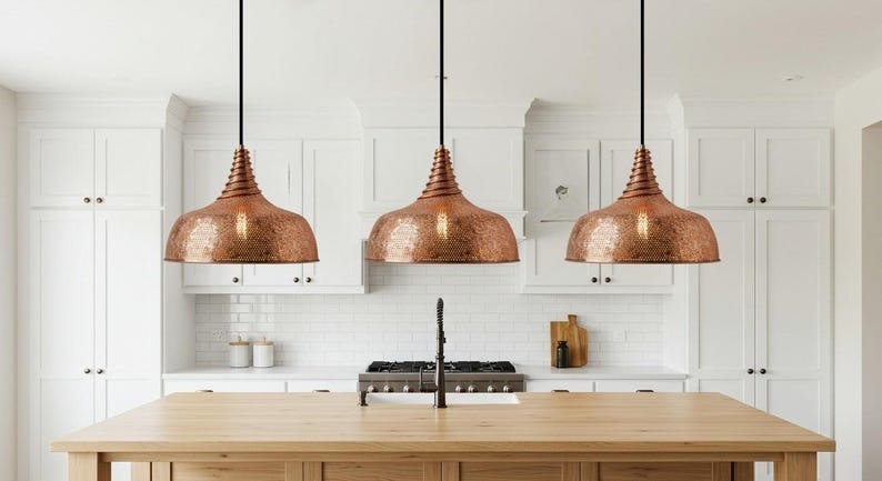 Handmade Perforated Brass Pendant Light – Moroccan Copper Dome Hanging Lamp with Ribbed Neck for Kitchen Island, Dining Room & Boho Home Décor