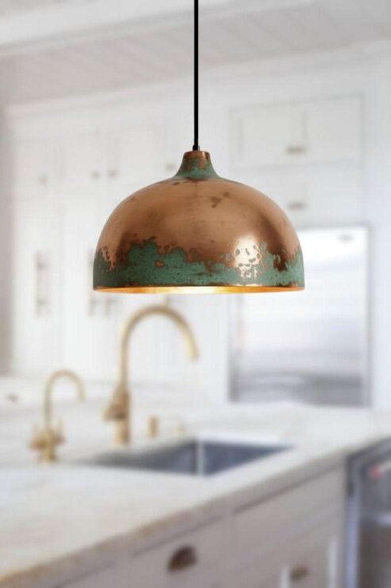 Handmade Copper Brass Pendant Light – Moroccan Dome Hanging Lamp with Green Patina Edge for Kitchen Island, Dining Room & Boho Home Décor