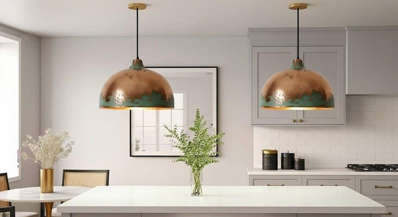 Handmade Copper Brass Pendant Light – Moroccan Dome Hanging Lamp with Green Patina Edge for Kitchen Island, Dining Room & Boho Home Décor