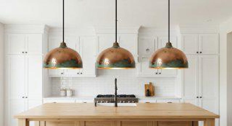 Handmade Copper Brass Pendant Light – Moroccan Dome Hanging Lamp with Green Patina Edge for Kitchen Island, Dining Room & Boho Home Décor