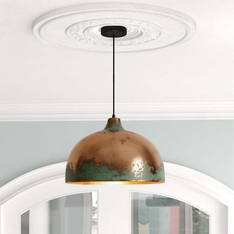 Handmade Copper Brass Pendant Light – Moroccan Dome Hanging Lamp with Green Patina Edge for Kitchen Island, Dining Room & Boho Home Décor