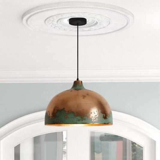 Handmade Copper Brass Pendant Light – Moroccan Dome Hanging Lamp with Green Patina Edge for Kitchen Island, Dining Room & Boho Home Décor