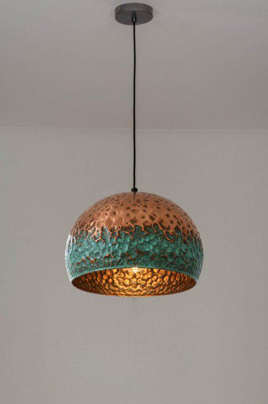 Handmade Copper & Green Patina Brass Pendant Light – Moroccan Hammered Dome Hanging Lamp with Warm Gold Interior for Kitchen Island, Dining Room & Boho Home Décor