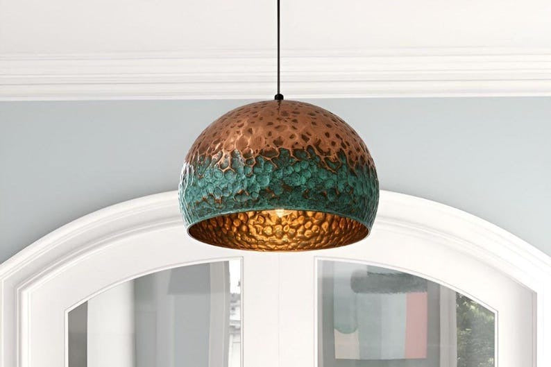 Handmade Copper & Green Patina Brass Pendant Light – Moroccan Hammered Dome Hanging Lamp with Warm Gold Interior for Kitchen Island, Dining Room & Boho Home Décor
