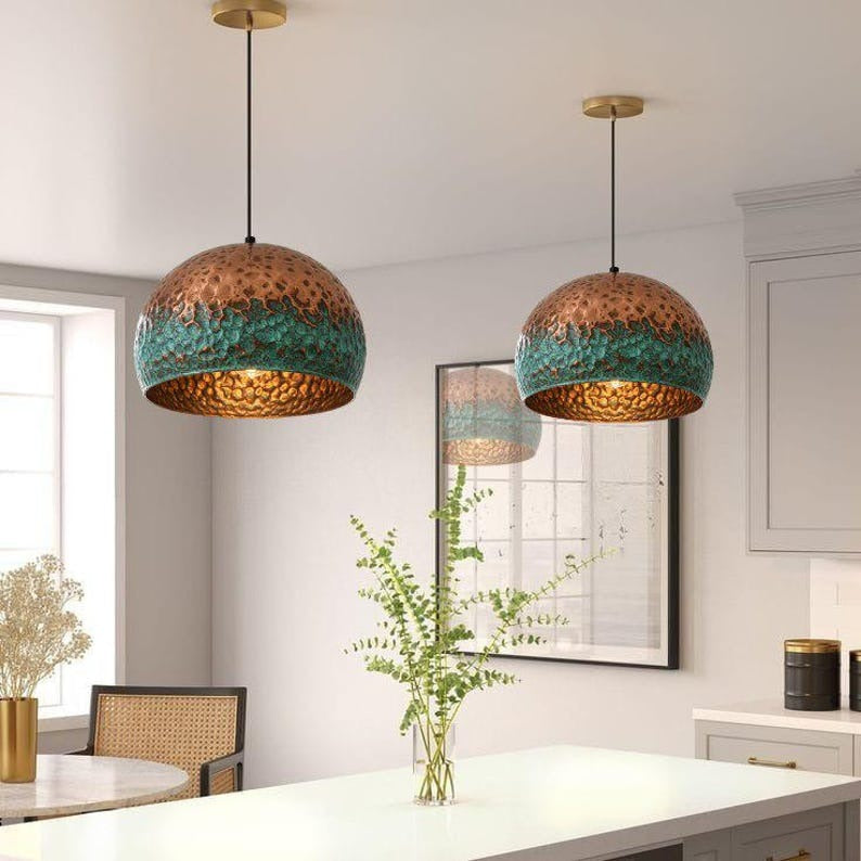 Handmade Copper & Green Patina Brass Pendant Light – Moroccan Hammered Dome Hanging Lamp with Warm Gold Interior for Kitchen Island, Dining Room & Boho Home Décor