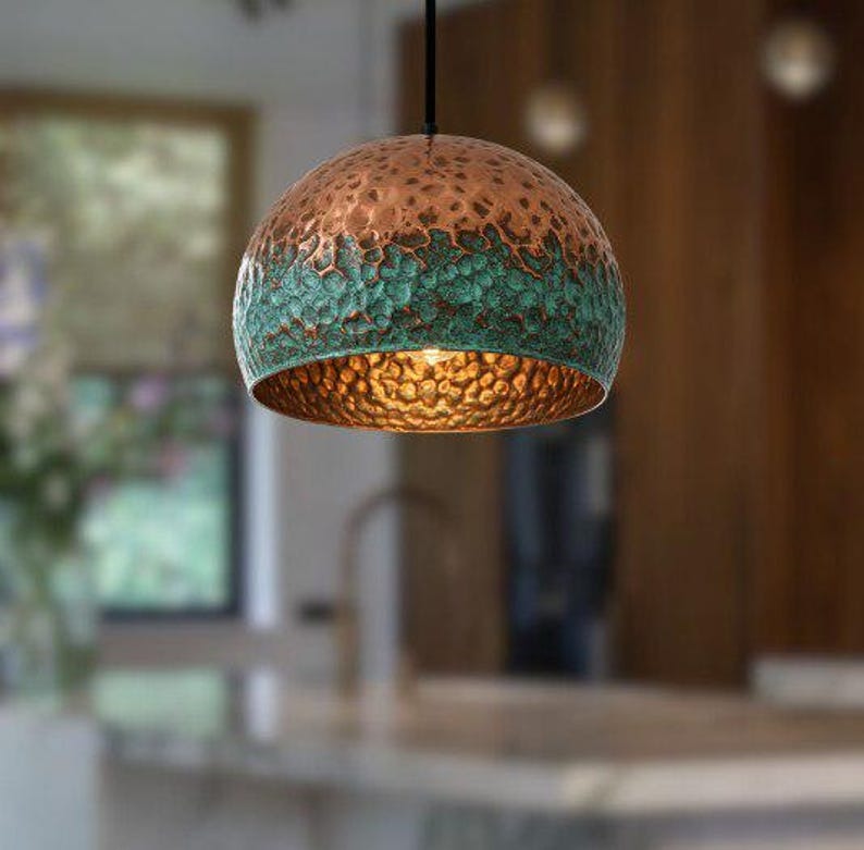 Handmade Copper & Green Patina Brass Pendant Light – Moroccan Hammered Dome Hanging Lamp with Warm Gold Interior for Kitchen Island, Dining Room & Boho Home Décor