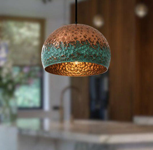Handmade Copper & Green Patina Brass Pendant Light – Moroccan Hammered Dome Hanging Lamp with Warm Gold Interior for Kitchen Island, Dining Room & Boho Home Décor