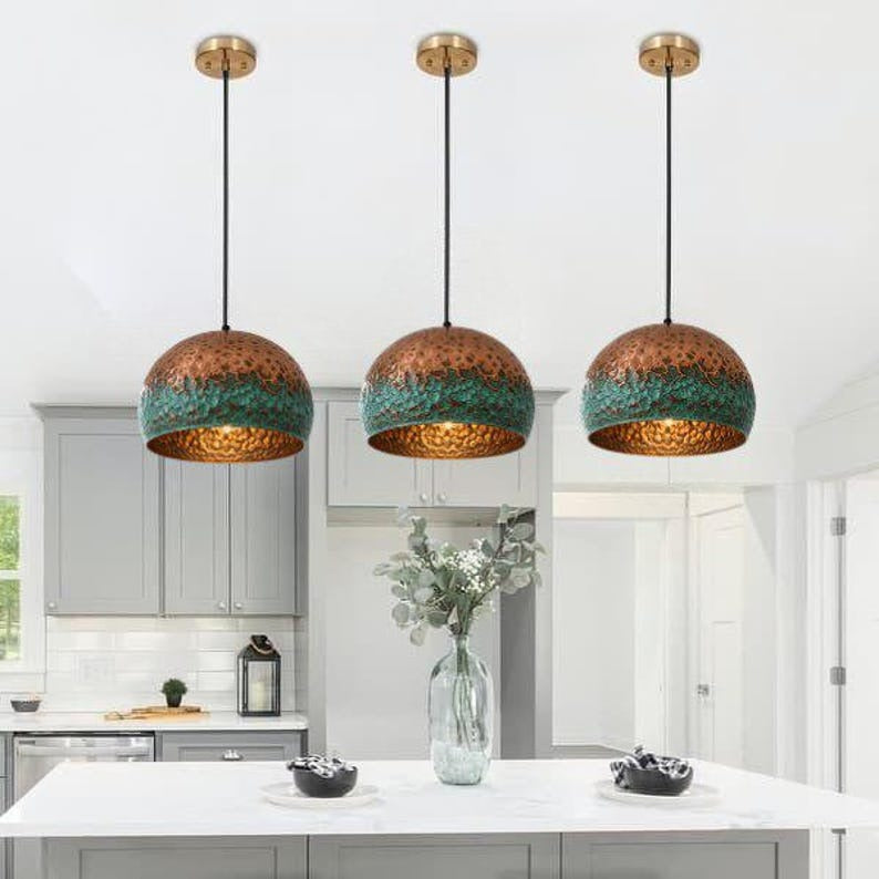 Handmade Copper & Green Patina Brass Pendant Light – Moroccan Hammered Dome Hanging Lamp with Warm Gold Interior for Kitchen Island, Dining Room & Boho Home Décor