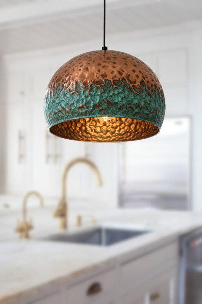 Handmade Copper & Green Patina Brass Pendant Light – Moroccan Hammered Dome Hanging Lamp with Warm Gold Interior for Kitchen Island, Dining Room & Boho Home Décor