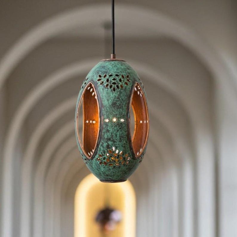 Green Patina Copper Lantern Pendant Light, Handmade Moroccan Pierced Copper Hanging Lamp, Rustic Verdigris Boho Ceiling Light Fixture, Artisan Copper Pendant for Entryway, Hallway, Kitchen and Dining Room