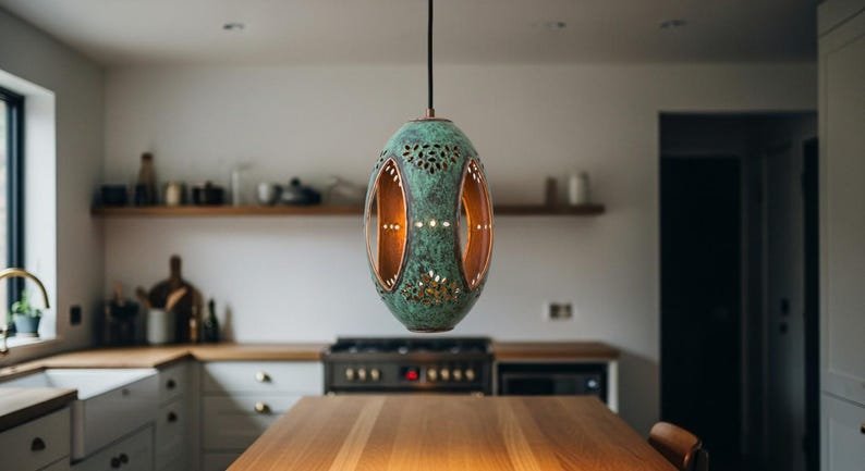 Green Patina Copper Lantern Pendant Light, Handmade Moroccan Pierced Copper Hanging Lamp, Rustic Verdigris Boho Ceiling Light Fixture, Artisan Copper Pendant for Entryway, Hallway, Kitchen and Dining Room