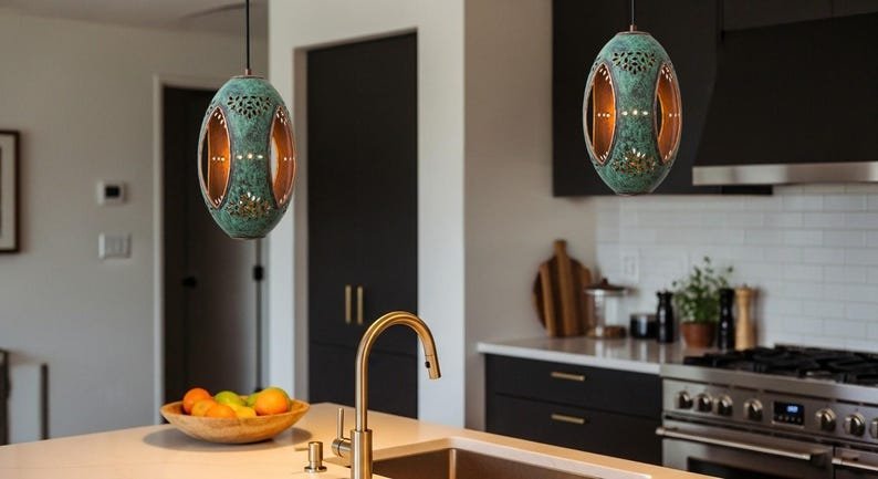 Green Patina Copper Lantern Pendant Light, Handmade Moroccan Pierced Copper Hanging Lamp, Rustic Verdigris Boho Ceiling Light Fixture, Artisan Copper Pendant for Entryway, Hallway, Kitchen and Dining Room
