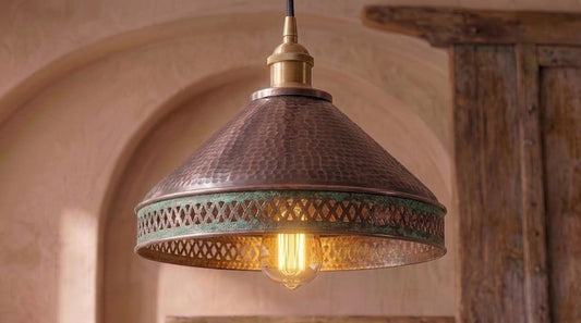 Handmade Brass Moroccan Pendant Light – Aged Copper Hammered Brass Cone Hanging Lamp with Verdigris Patina Pierced Border, Rustic Kitchen Island Ceiling Fixture