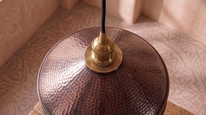 Handmade Brass Moroccan Pendant Light – Aged Copper Hammered Brass Cone Hanging Lamp with Verdigris Patina Pierced Border, Rustic Kitchen Island Ceiling Fixture