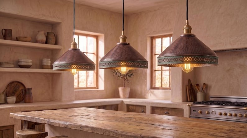 Handmade Brass Moroccan Pendant Light – Aged Copper Hammered Brass Cone Hanging Lamp with Verdigris Patina Pierced Border, Rustic Kitchen Island Ceiling Fixture