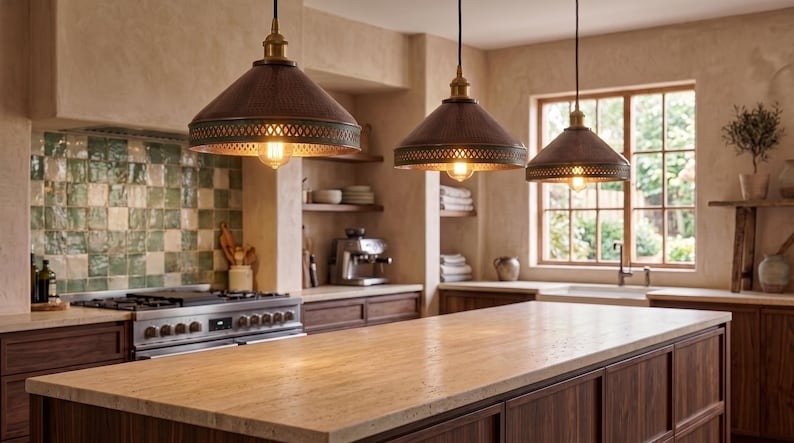 Handmade Brass Moroccan Pendant Light – Aged Copper Hammered Brass Cone Hanging Lamp with Verdigris Patina Pierced Border, Rustic Kitchen Island Ceiling Fixture