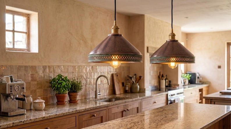 Handmade Brass Moroccan Pendant Light – Aged Copper Hammered Brass Cone Hanging Lamp with Verdigris Patina Pierced Border, Rustic Kitchen Island Ceiling Fixture