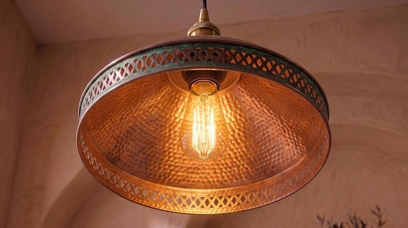 Handmade Brass Moroccan Pendant Light – Aged Copper Hammered Brass Cone Hanging Lamp with Verdigris Patina Pierced Border, Rustic Kitchen Island Ceiling Fixture
