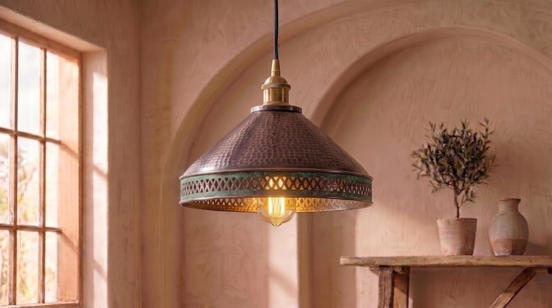 Handmade Brass Moroccan Pendant Light – Aged Copper Hammered Brass Cone Hanging Lamp with Verdigris Patina Pierced Border, Rustic Kitchen Island Ceiling Fixture