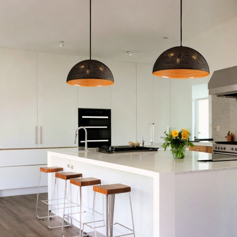 Set of 2 Moroccan Pierced Brass Dome Pendant Lights – Black & Copper Kitchen Island Chandeliers
