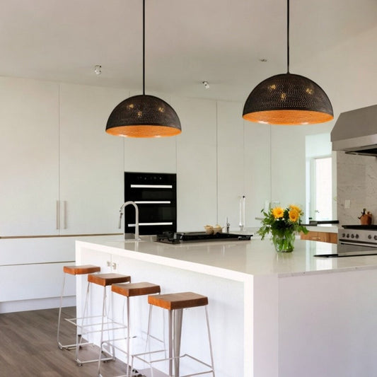 Set of 2 Moroccan Pierced Brass Dome Pendant Lights – Black & Copper Kitchen Island Chandeliers
