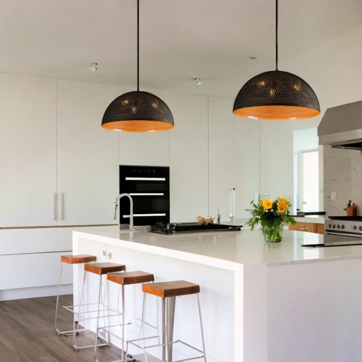 Set of 2 Moroccan Pierced Brass Dome Pendant Lights – Black & Copper Kitchen Island Chandeliers
