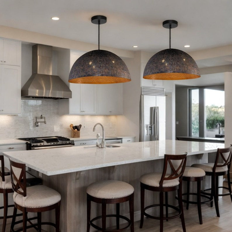 Set of 2 Moroccan Pierced Brass Dome Pendant Lights – Black & Copper Kitchen Island Chandeliers