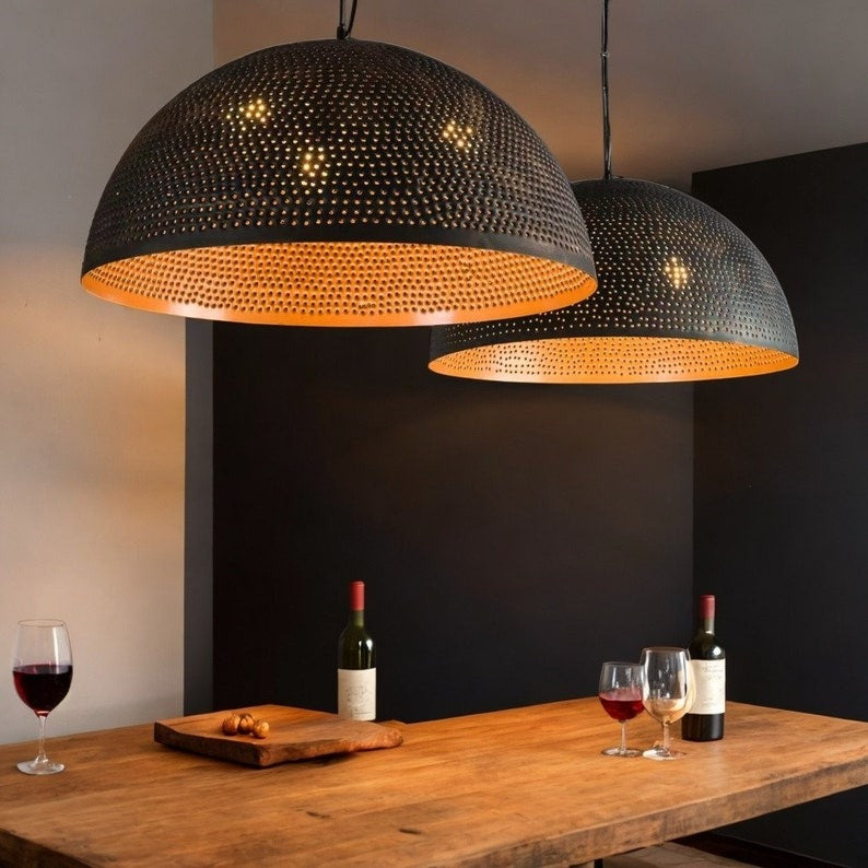 Set of 2 Moroccan Pierced Brass Dome Pendant Lights – Black & Copper Kitchen Island Chandeliers