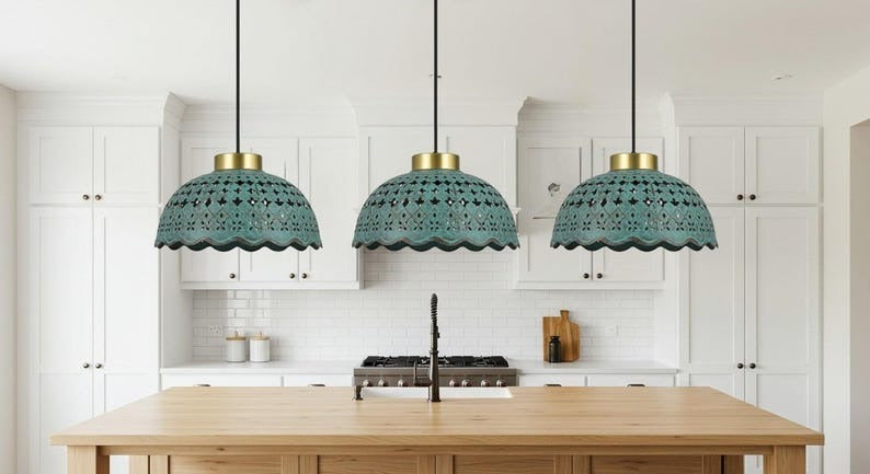 Pierced Verdigris Brass Dome Pendant Light – Moroccan Scalloped Kitchen Island Chandelier