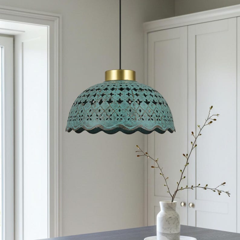 Pierced Verdigris Brass Dome Pendant Light – Moroccan Scalloped Kitchen Island Chandelier