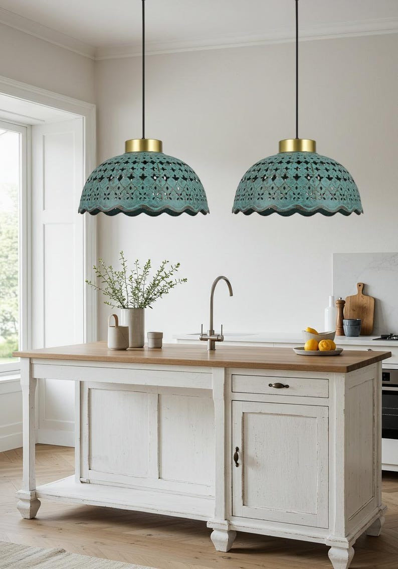 Pierced Verdigris Brass Dome Pendant Light – Moroccan Scalloped Kitchen Island Chandelier