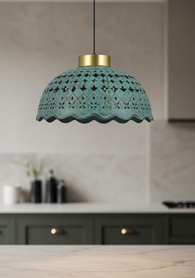 Pierced Verdigris Brass Dome Pendant Light – Moroccan Scalloped Kitchen Island Chandelier