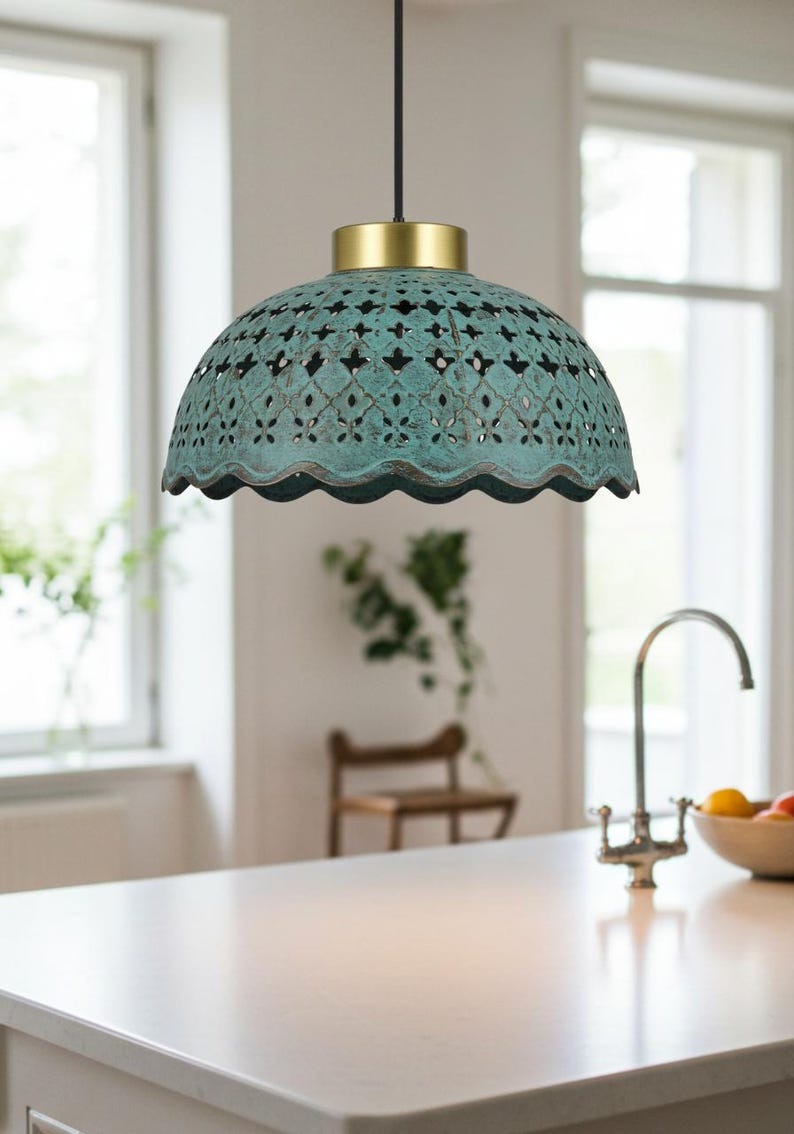 Pierced Verdigris Brass Dome Pendant Light – Moroccan Scalloped Kitchen Island Chandelier