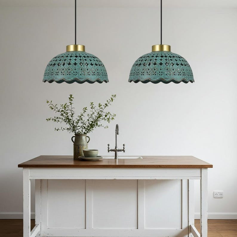 Pierced Verdigris Brass Dome Pendant Light – Moroccan Scalloped Kitchen Island Chandelier