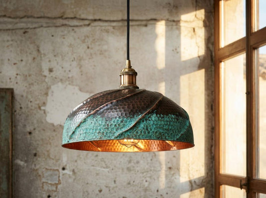 Handmade Moroccan Brass Dome Pendant Light – Hammered Copper and Green Verdigris Hanging Lamp with Sculptural Wrapped Brass Detail and Warm Copper Interior for Kitchen Island, Dining Room & Living Room