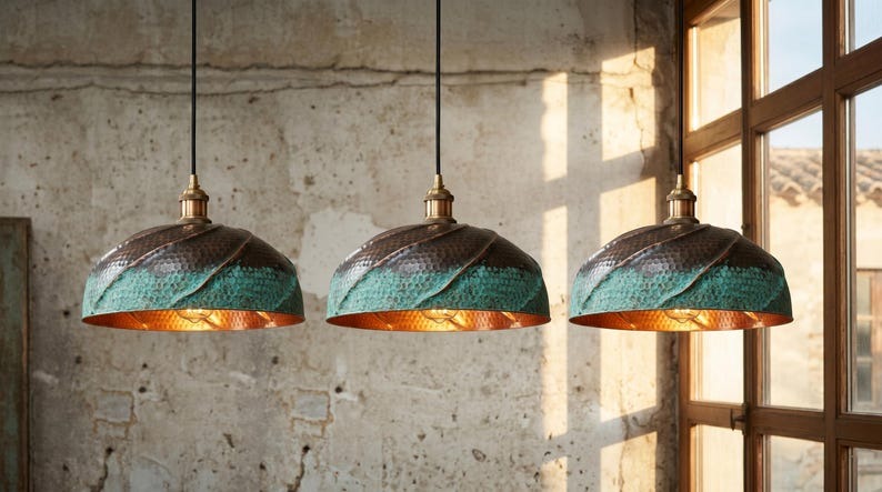 Handmade Moroccan Brass Dome Pendant Light – Hammered Copper and Green Verdigris Hanging Lamp with Sculptural Wrapped Brass Detail and Warm Copper Interior for Kitchen Island, Dining Room & Living Room