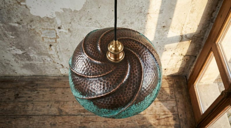 Handmade Moroccan Brass Dome Pendant Light – Hammered Copper and Green Verdigris Hanging Lamp with Sculptural Wrapped Brass Detail and Warm Copper Interior for Kitchen Island, Dining Room & Living Room
