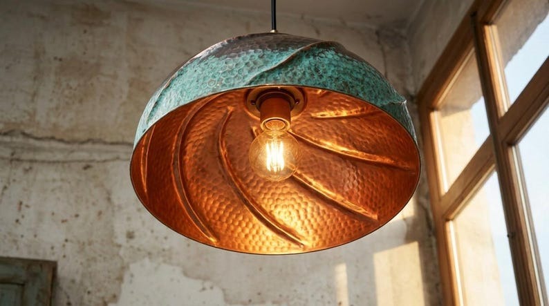 Handmade Moroccan Brass Dome Pendant Light – Hammered Copper and Green Verdigris Hanging Lamp with Sculptural Wrapped Brass Detail and Warm Copper Interior for Kitchen Island, Dining Room & Living Room