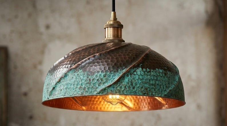 Handmade Moroccan Brass Dome Pendant Light – Hammered Copper and Green Verdigris Hanging Lamp with Sculptural Wrapped Brass Detail and Warm Copper Interior for Kitchen Island, Dining Room & Living Room
