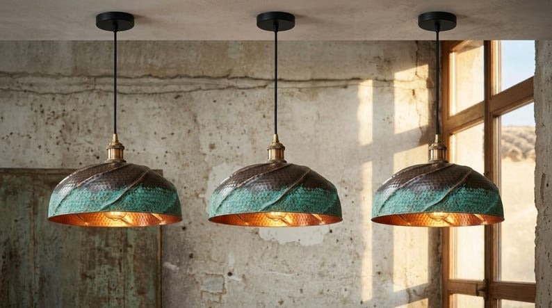 Handmade Moroccan Brass Dome Pendant Light – Hammered Copper and Green Verdigris Hanging Lamp with Sculptural Wrapped Brass Detail and Warm Copper Interior for Kitchen Island, Dining Room & Living Room