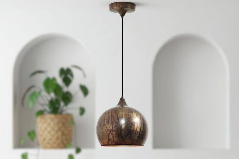 Handmade Moroccan Brass Globe Pendant Light – Aged Antique Brass Hanging Lamp with Artistic Patina Finish, Warm Boho Mediterranean Ceiling Light for Kitchen Island, Dining Room, Bedroom & Entryway