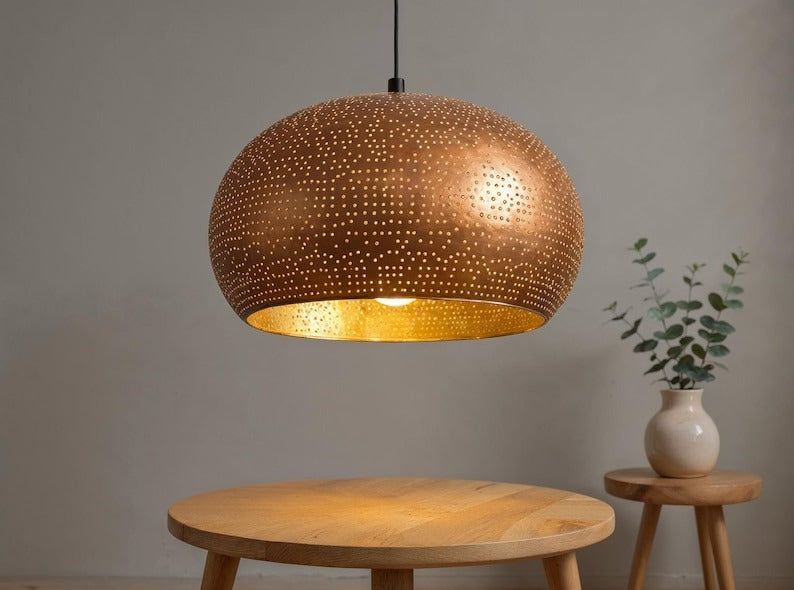 Perforated Copper Dome Pendant Light, Handmade Moroccan Pierced Copper Chandelier, Rustic Gold Interior Kitchen Island Hanging Lamp, Boho Farmhouse Dining Room Ceiling Light Fixture