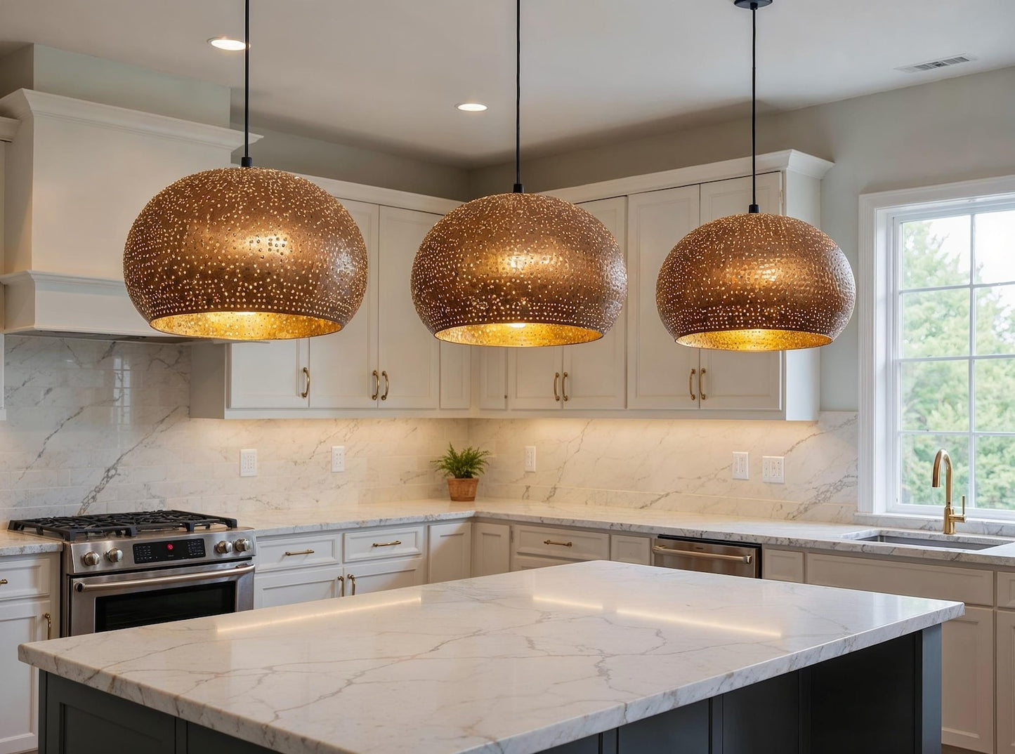 Perforated Copper Dome Pendant Light, Handmade Moroccan Pierced Copper Chandelier, Rustic Gold Interior Kitchen Island Hanging Lamp, Boho Farmhouse Dining Room Ceiling Light Fixture
